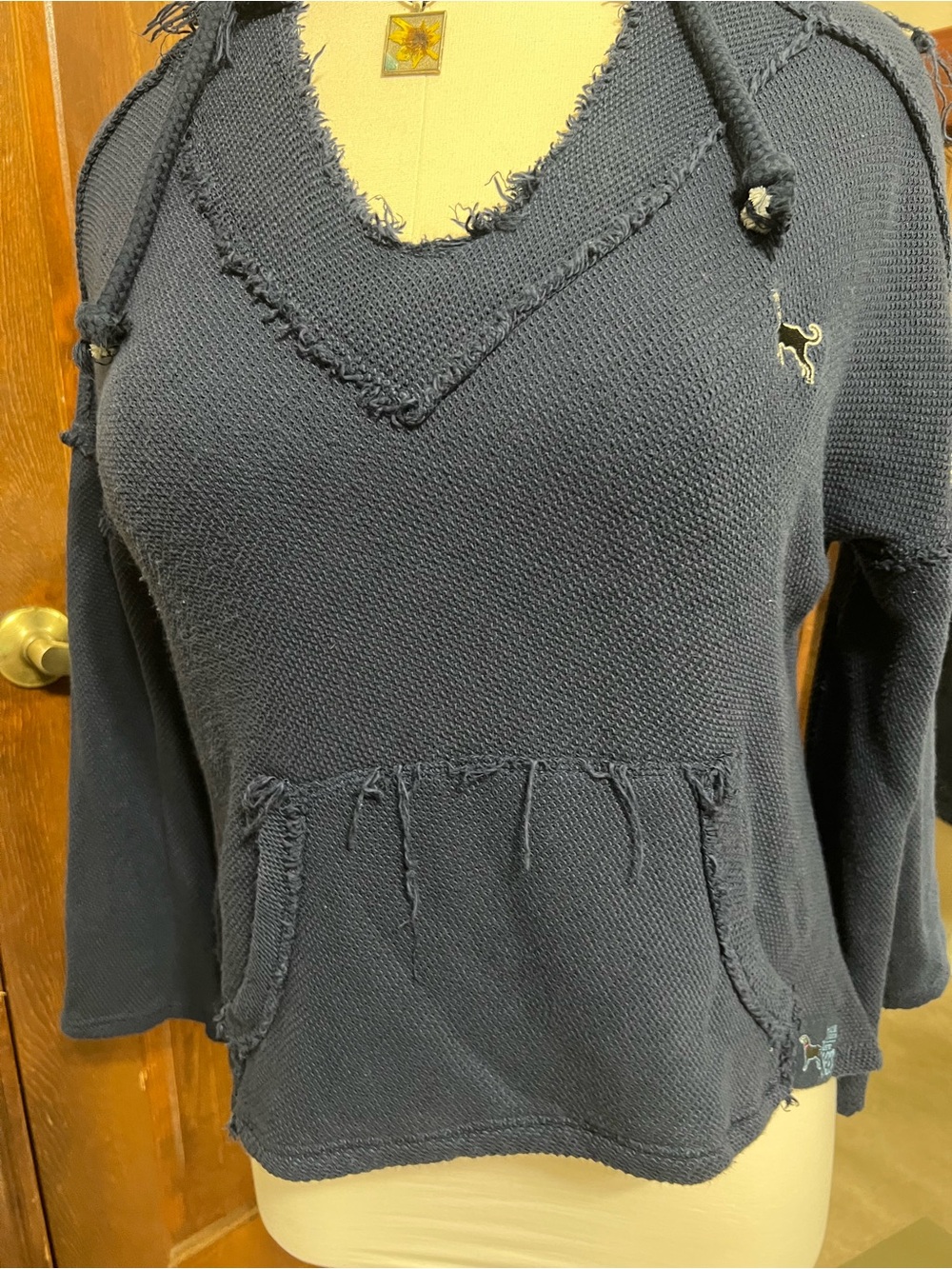 The Black Dog Brand L Navy Blue Distressed Hooded Sweater Oversized Boho Casual - Picture 3 of 9